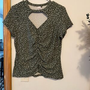 Floral Olive Green Ruched Women's Top